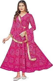 VIHARA THREADS Women's Bandhani Print Anarkali Kurta with Matching Dupatta, Ethnic Indian Wear