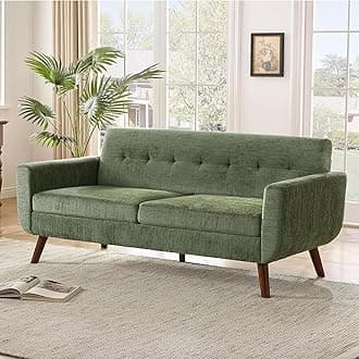 77.2" W Linen Sofa Couch, Mid Century Modern Decor Loveseat Couches for Living Room, Button Tufted Upholstered Small Couch for Bedroom, Solid, and Easy to Install Love Seats Furniture, Green | linen fabric, button tufted, solid wood foot, pocket spring, wood slats frame