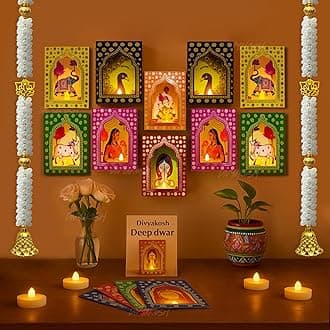Divyakosh Deep Dwar (Pack of 12) with LED Candles and Mogra Hangings - 2 Pcs, Jharokha Style Wall & Home Decor for Diwali Decoration, Festive Decor, Wall Decor