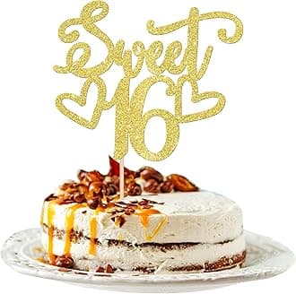1 PCS Sweet 16 Cake Topper with Heart Glitter Happy 16th Birthday Cake Pick Hello 16 Cheers to 16 Years Birthday Cake Decorations for Happy 16th Birthday Anniversary Theme Party Supplies Gold