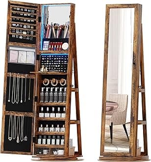 - OUTDOOR DOIT 360° Rotating Jewelry Armoire with Lockable,Full Length Mirror Large Capacity Jewelry Organizer Armoire,Floor Standing Mirror with Back Storage Shelves for Bedroom (Brown1)