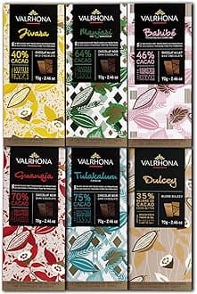 Valrhona Tasting Bar Gift Set ASSORTMENT. 6 Exquisite Tasting Bars - Perfect For Your Chocolate Obsessed Loved One. Grand Cru Bars from Dark to Light & In Between. Great for Baking! 70g (Pack of 6)
