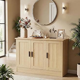 Anystyle 43" Oak Buffet Cabinet with Black Handles, Small Kitchen Sideboard with 3 Doors & Adjustable Shelves, Modern Entryway Credenza & TV Console Table for Living Room, Dining Room