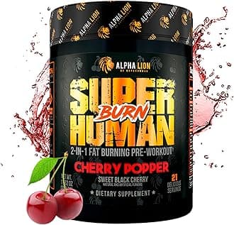 ALPHA LION Superhuman Burn – 2 in 1 Metabolism Booster Pre Workout and Thermogenic Fat Burner for Men – Appetite Suppressant and Weight Loss Supplement (21 Servings, Sweet Black Cherry Flavor)