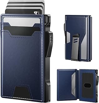 typecase Wallet for Men: Rfid Blocking Wallet 9-13 Card Capacity with Money Clip Slim Leather Front Pocket Smart Pop Up Card Case Bifold Minimalist Wallet with Gift Box - Navy Blue
