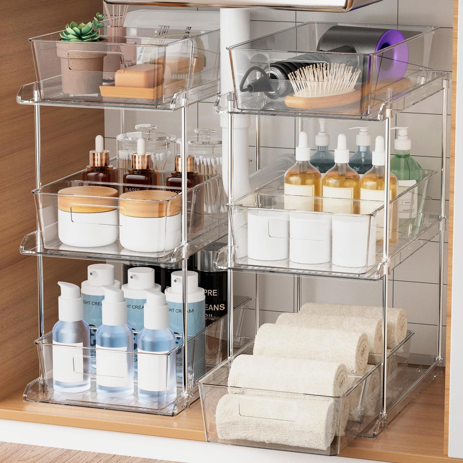 FabSpace Pull-out Home Organizer, 3 Pack 2 Tier Clear Bathroom Organizer with Dividers, Multipurpose Vanity Counter Tray, Kitchen, Closet Organizers, Cabinet & Storage Container Bins