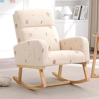 Rocking Chair Nursery, Sherpa Nursing Rocking Chairs, Upholstered Nursery Glider Rocker for Mom Nursery Morden Rocking Chair with Side Pocket for Living Room,Bedroom,Teddy Beige Bear Printed