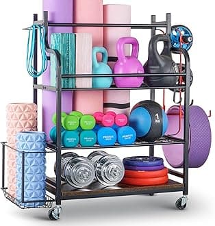 Mythinglogic Yoga Mat Storage Racks,Home Gym Storage Rack for Dumbbells Kettlebells Foam Roller, Yoga Strap and Resistance Bands, Workout Equipment Storage Organizer With Hooks and Wheels