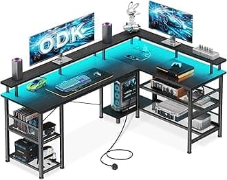 L Shaped Gaming Desk with LED Lights & Power Outlets, 150×102cm Reversible Corner Desk with Storage Shelves, Computer Desks with Monitor Stand, Black