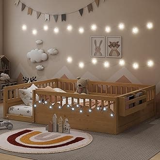 Mirightone Floor Bed for Kids, Full Size Montessori Beds with High Fence Railings, Wood Playhouse Bed with Rails, Light & Storage for Baby Boys Girls Teens, No Slats Included, Natural