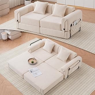 71.25" W Convertible Sectional Sleeper Sofa Bed, Comfy Fleece Foldable Loveseat Boneless Floor Lounge Couch Set for Living Room Apartment Office Bedroom Small Spaces