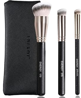 ENERGY Makeup Brush Set Professional 3pcs Foundation Concealer Detail Brushes Soft Synthetic Bristles Vegan Face Makeup Brushes for Liquid Cream Powder Flawless Blending Buffing with Travel Case