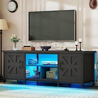 TV Stand with LED Lights & Charging Station, Farmhouse Entertainment Center with Storage Cabinets & Shelves, Cross-Pattern Doors, Fits TVs up to 70'', TV Consoles for Living Room, Black