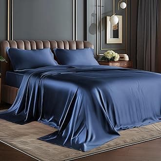 BEDELITE Satin Sheets Queen Size Bed Set, Luxury Soft Navy Silky Sheets for Hair and Skin, Similar to Silk Bed Sheets Set 4 Pieces （1 Deep Pocket Fitted Sheet, 1 Flat Sheet, and 2 Pillowcases）