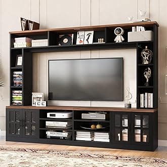 95.5" Wall Unit TV Stand Set with Bookshelves, Entertainment Center for Televisions Up to 80", Large Media Console with Cabinets and Tempered Glass Doors for Living Room