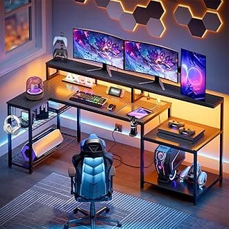 LED Gaming Desk with Power Outlets, 71 inch L Shaped Computer Desk with Monitor Stand, Large Desk with Printer Stand Adjustable Shelf, Cup Holder & Hooks, Home Office Desk Black