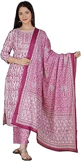 MEERA FABWomen's Cotton Printed Grey Printed Straight Embroidery Kurta with Palazzo & Dupatta Set