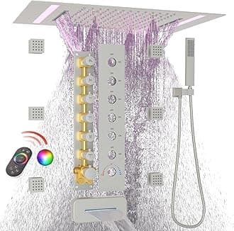 HOMEDEC LED Multi Functions Full Body Shower System with 6pcs Body Jets Spray with（Up/Down）Shower Spout, Large 3 In 1 Functions 14x20inch Showerhead, Rainfall Mist Shower Faucet Set, Brushed Nickel