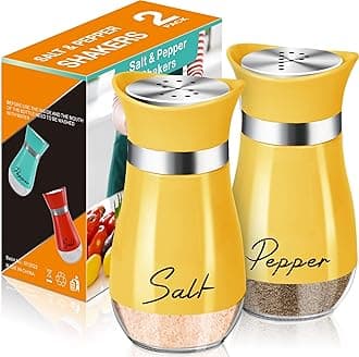 Salt and Pepper Shakers Set,4 oz Glass Bottom Salt Pepper Shaker with Stainless Steel Lid for Kitchen Cooking Table, RV, Camp,BBQ Refillable Design (Yellow)