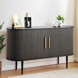 Grepatio 55" Sideboard Buffet Cabinet with Fluted Slide Doors, Tambour Storage Cabinet with Shelves, Modern Credenza Sideboard Buffet Console Cabinets for Living Room Hallway Entryway (Black)