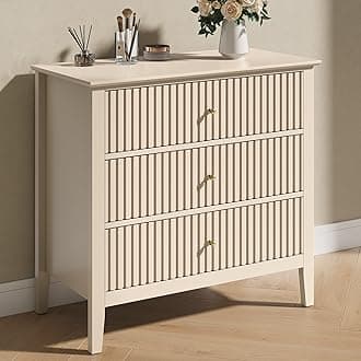 SUNVIVI Chest of Drawers with 3 Drawers, Modern Fluted Dresser with Spacious Storage, Nightstand Storage Organiser Unit Painted Finish for Bedroom Living Room Hallway, 80x40x75cm (Beige, 3 Drawers)