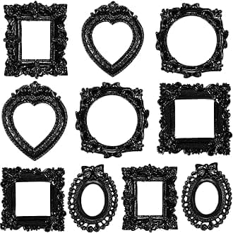 Vicenpal 10 Pcs Vintage Mini Picture Frames Baroque Antique Small Resin Jewelry Display Table Frame for Christmas DIY Photo Holiday Party Decoration (Black)
