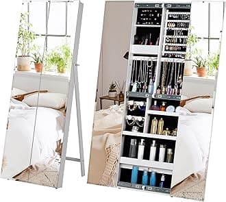 BOSTANABOSTANA Jewelry Armoire Organizer W/Dual-Sliding Door Jewelry Cabinet,Standing Anti-trpinig Leaning Full Length Mirror,Body Mirror with Jewelry Display For Girls,Women, Decoration,Gift