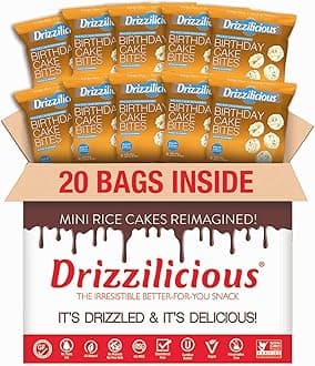 Drizzilicious Mini Flavored Rice Cakes Birthday Cake - Rice Crisps, Healthy Snack for Adults and Kids, Vegan, Gluten Free Snack, Allergen Free, Only 90 Calories Per Bag - 0.74 oz (Pack of 20)