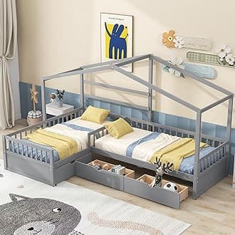 Harper & Bright Designs Wood Twin Size Platform Bed with with Storage Drawers and Roof for Kids Boys Girls, House Bed Frame with Fence, No Box Spring Needed, Space Saving, Gray