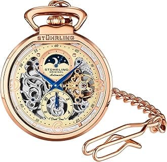 Stuhrling Orignal Mens Automatic Pocket Watch Skeleton Dial Mechanical Movement with and Stainless Steel Chain -Dual Time AM/PM Sun Moon Subdial