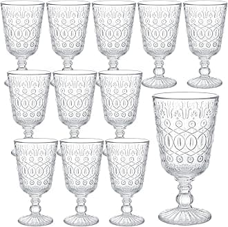 Wine Glasses Set of 12 Vintage Goblet 9 oz Vintage Colored Glass Goblet Beverage Stemmed Glass Cups Romantic Embossed Glassware for Wedding Party Holidays Anniversary (Clear)