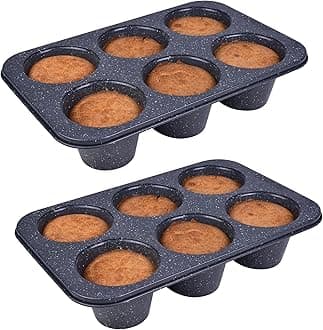 Monfish 2pcs Jumbo Deep Muffin Pan - 6-Cavity Baking Tray, 3.5x3 Inch Cups - Carbon Steel with Non-Stick Coating - Black Granite Stone Finish - Extra Large Cupcake Tins for Baking (2 deep muffin)
