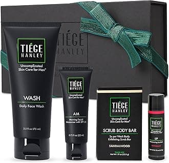Tiege HanleyMen's Skin Care Gift Set | 4 Products | Face Wash, Moisturizer w SFP, Lip Balm w SPF and a Bonus Travel Size Lightly Exfoliating Bar Soap | Uncomplicated Skin Care Routine