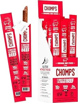 - Chomps Grass-Fed and Finished Original Beef Jerky Snack Sticks 24-Pack, Keto, Paleo, Whole30, 10g Protein, Gluten-Free