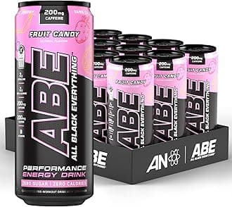 ABE Pre Workout Cans - All Black Everything Energy + Performance Drink, ABE Carbonated Beverage Sugar Free with Caffeine (Pack of 12 Cans x 330ml) (Fruit Candy)
