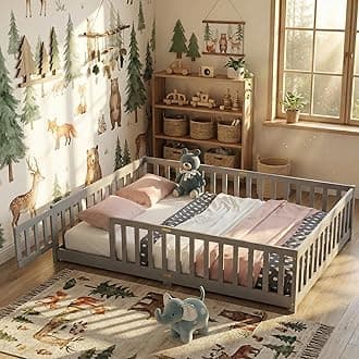 Full Floor Bed with Safety Guardrails for Kids, Rubber Wood Montessori Bed with Slats and Convertible Door,Full Size Bed Frame for Girls and Boys,No Box Spring Needed,Grey