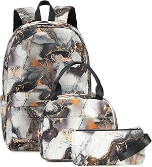 BluboonTeen Girls School Backpack Kids Bookbag Set with Lunch Box Pencil Case Travel Laptop Backpack Casual Daypacks (Marble Black)