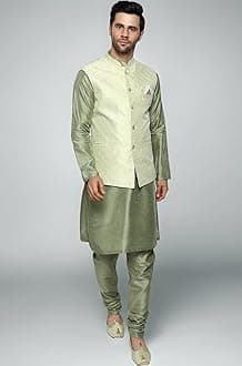 Uri and MacKenzie Men's Silk Blend Kurta Churidar Pyjama with Stylish Nehru Jacket