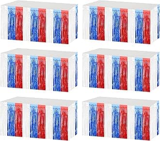 6 Pack 29x108 Inch Red Blue White Metallic Foil Fringe Tinsel Table Skirts for Rectangle Tables Streamer Curtains Backdrop for Wedding, Birthday, Parade Floats, Mardi Gras, Carnival Party Decoration