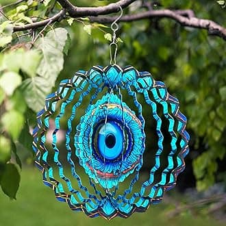 SAC SMARTEN ARTS 3D Wind Spinner Mandala 10 Inch Evil Eye Stainless Steel Wind Sculpture Blue Hanging Ornament Laser Cut Metal for Indoor Outdoor Garden Decoration Protective Amulet for Home and Yard