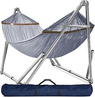 Tranquillo Double Hammock with Stand 650lb Capacity Double Hammock with Spreader Bar, Solid Grade 201 Stainless Steel 30s Set Up, Sturdy Flexible Hammock Stand Portable, Outdoor Indoor, Grey
