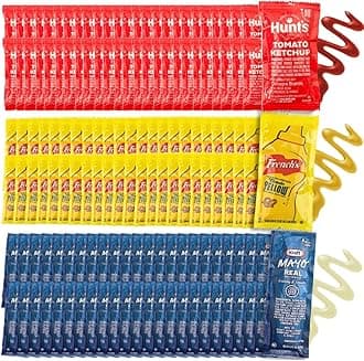 Condiment 150 assortment gift pack - 50 Single Serve Pouches of Each: Ketchup, Mustard, and Mayo - 150 Pack, Great for Picnics, Boxed Lunch, BBQ, Travel, and Parties