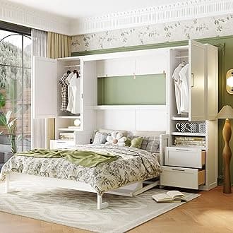 Bellemave Queen Size Murphy Bed with Closet, Wall Bed with Drawers and Shelves, Folding Cabinet Bed with Desk for Home Office, Studio, White