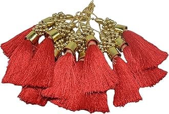 CRAFTLOVE Golden Beads Silk Thread Tassel Latkan Bunch for,Saree, Latkan,Curtain Crafts - Pack of 12 Piece (Length : 9.5 cm & Tassel with dori - 17.5 cm) (Red)