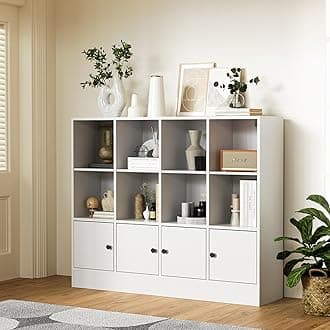 Anystyle White 3-Tier Bookshelf, 12-Cube Storage Cabinet with 4 Doors, Freest...
