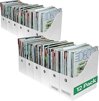 Evelots Magazine File Holder - Set of 12 White - Office Desk Organizer - Sturdy Cardboard - New Upgraded Double Front Panel for More Stability - Full 4 Inch Wide - Easy Assemble