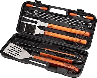 Cuisinart 13-Piece Wooden Handle Grill Tools Set, Grill Utensils Set BBQ Accessories, Durable Stainless Steel Spatula, Tongs, Cleaning Brush & More, Compact Case, Grilling Gifts for Men, CGS-W13