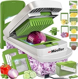 Mueller Pro-Series 10-in-1, 8 Blade Vegetable Chopper, Onion Mincer, Cutter, Dicer, Egg Slicer with Container, French Fry Cutter Potato Slicer, Home Essentials, Salad Chopper White Sand/Green
