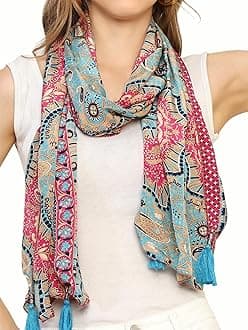 - KE KANHA EXPORT Women Scarf|Stole For Women|Scarf For Women Stylish|Stall For Women|Border Print Face Cover Head Wrap|Boho|Beach|Multicolor|180x50cm|Pack Of 1
