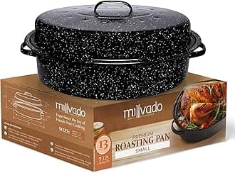 Roasting Pan With Lid, Turkey Roaster Pan, 13" Granite Oven Roaster Oval Shaped Speckled Enamel on Steel Cookware